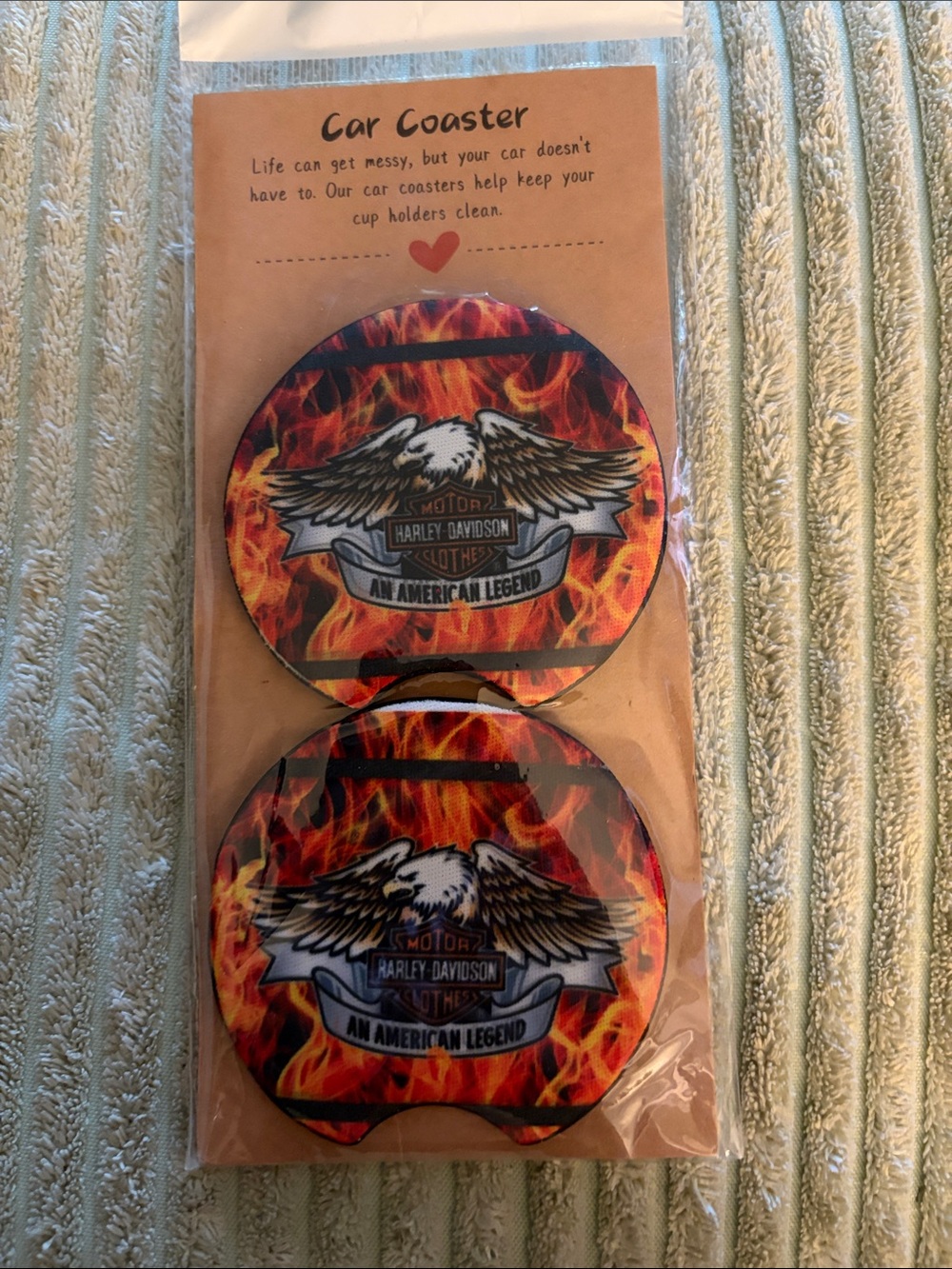 Harley-Davidson Red Orange Black Flame Eagle car Coaster Pair, NEW!